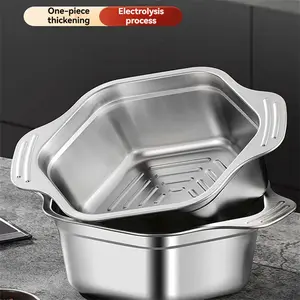 1pc Hot pot basin stainless steel household multifunctional vegetable washing basin new Korean style crayfish skewer basin hexagonal soup pot leakage basin