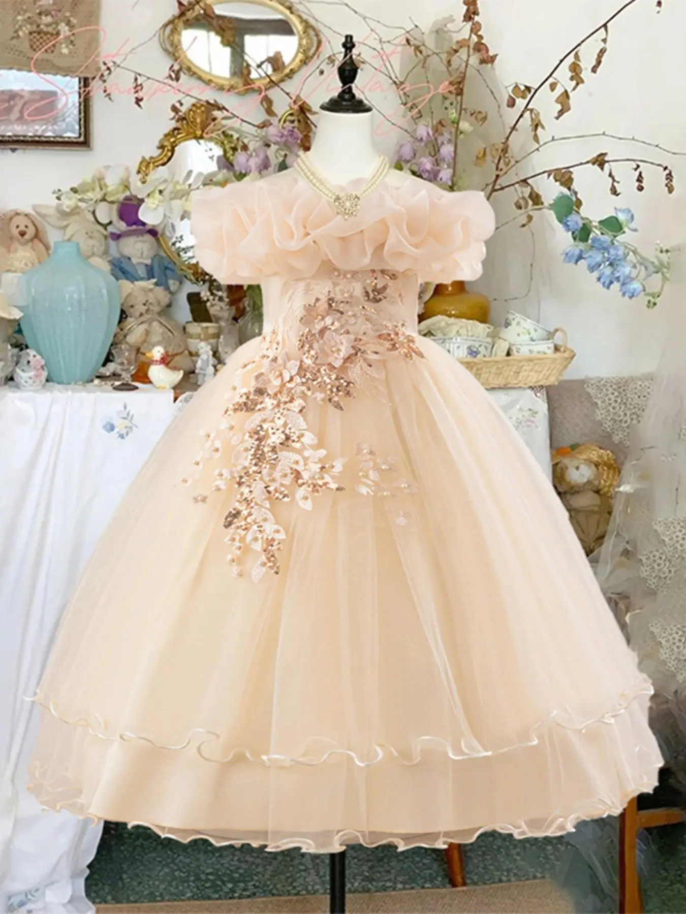 Girl's Floral Embroidery Off Shoulder Tulle Party Princess Dress, Elegant Sequin Decor Sweater Dress for Birthday Host Piano Recital, Kids Clothes for