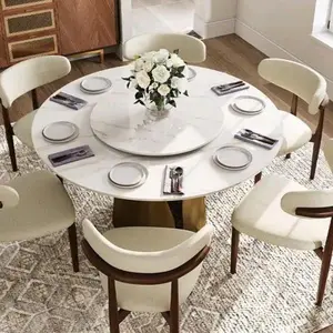 Modern White Round Dining Table with Sintered Stone Top and Solid Black Base