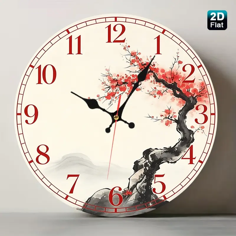 2D Flat Silent Glass Wall Clock 112inch, Chinese Plum Blossom and Ink Art, suitable for living room, bedroom, kitchen, study, home decor stores--Oriental style decoration, Lunar New Year and New Year gift--Battery powered (AA batteries not included)