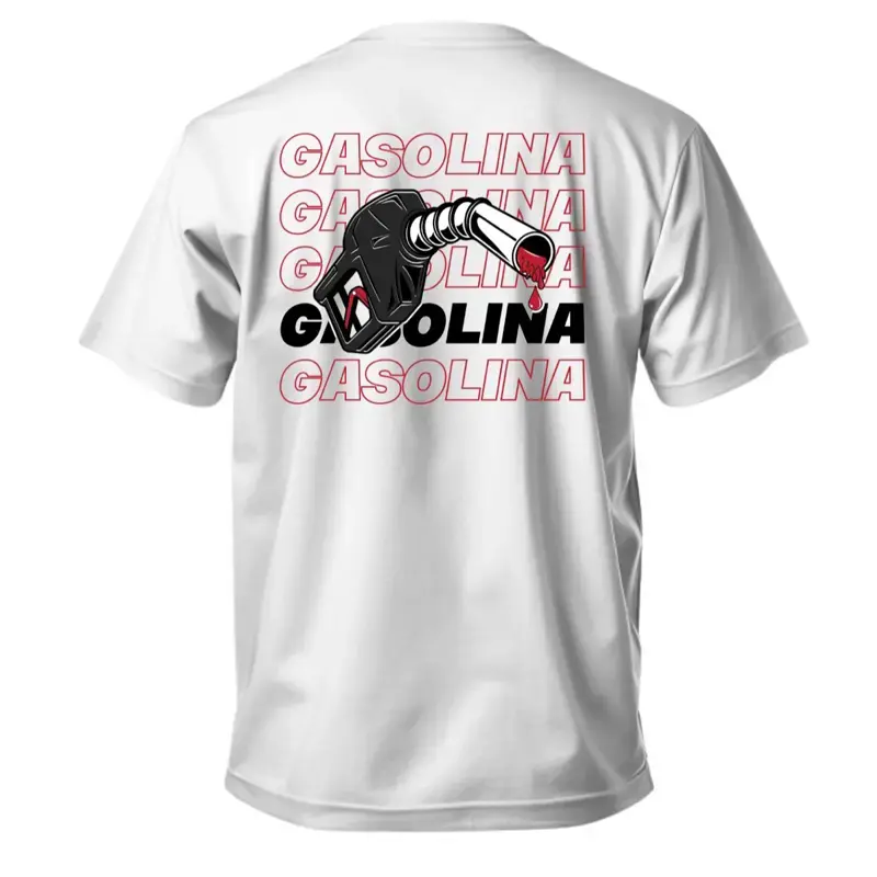 Gasolina Shirt - Black T-Shirt with Bold Red and White "Gasolina" Text and Fuel Pump Design