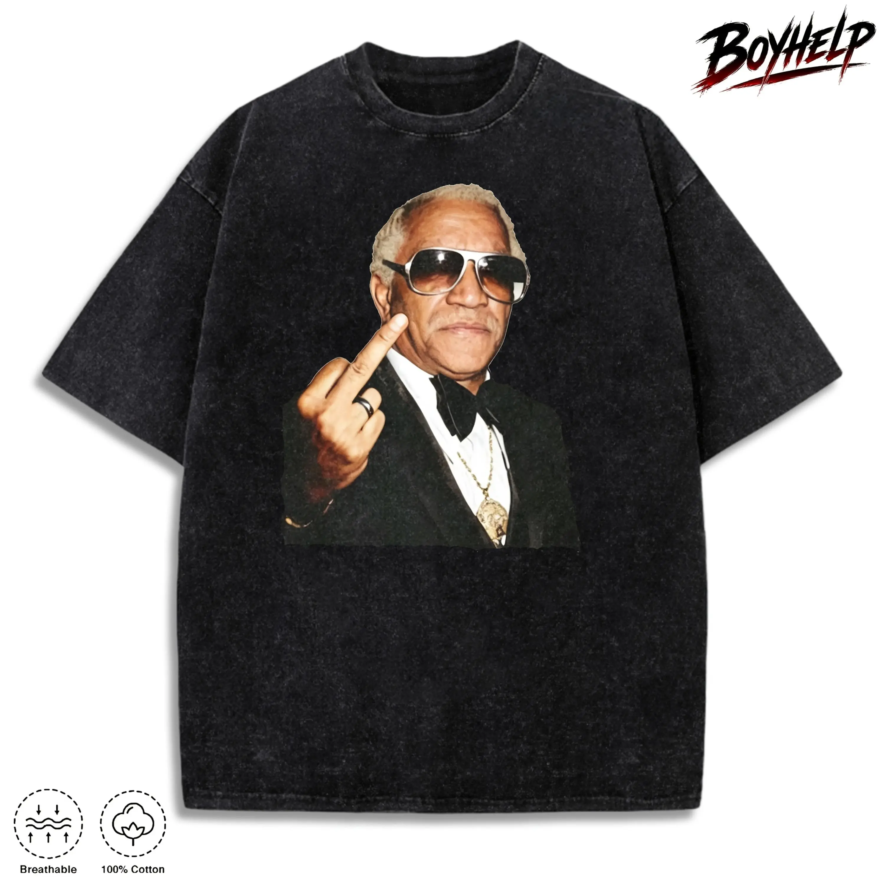 Retro Red Fox Middle Finger Portrait Pattern Washed T-shirt Sanford and Son Comedian 100% Cotton Street Wear Casual Short Sleeve T-shirt