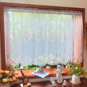 Vintage Embroidered Small Curtain, 3D Floral Pattern Stitched Half Curtain, Luxurious French Decorative Curtains, No-Drill High-Quality Finished Curtains