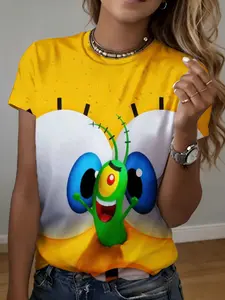women's short sleeve T-shirt Spongebob Squarepants Plankton Print T-shirt 3D full-width printing spring and summer fashion trend exercise women's soccer jersey girl simple butterfly top design sisters