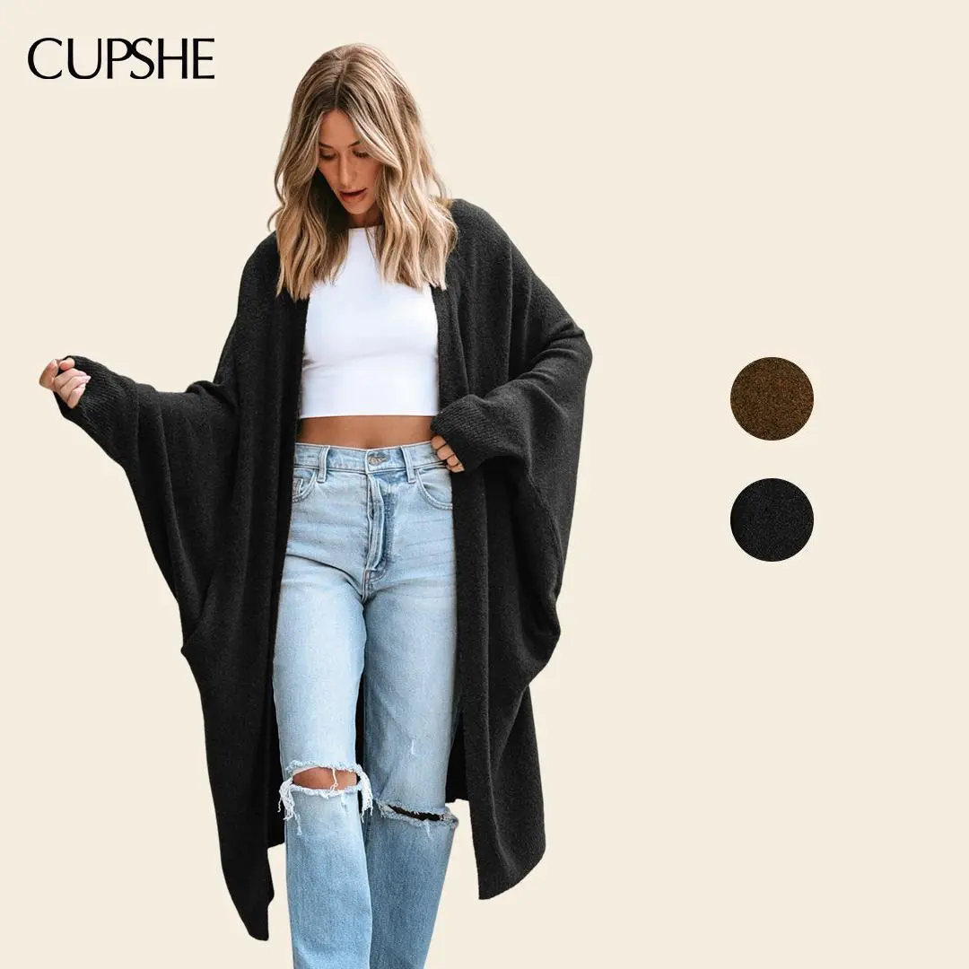 Cupshe Women's Open Front Duster Cardigan, Casual Long Sleeve Knitting Sweater with Dolman Sleeves, Lightweight Fall Clothes, Longline Cardigan, Tops