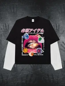 Men's Regular Fit Gemstone & Lip Print Two-Tone Tee, Casual Comfy Long Sleeve T-shirt for Daily Wear, Men's Top for All Seasons, Crewneck