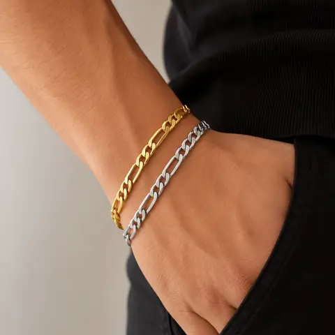 CaptainSteeL Men's Figaro Bracelet, 8/9in Stainless Steel Chain Link, Gold-Plated Hypoallergenic Fade-Resistant Casual Fashion Jewelry with Bracelet Design & Diamond-Cut Shine, Birthday Gift