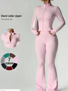 Two piece set women's loungewear set with long sleeve and zip up jacket, WIDE LEG PANTS SUITIBALE FOR OUTINGS
