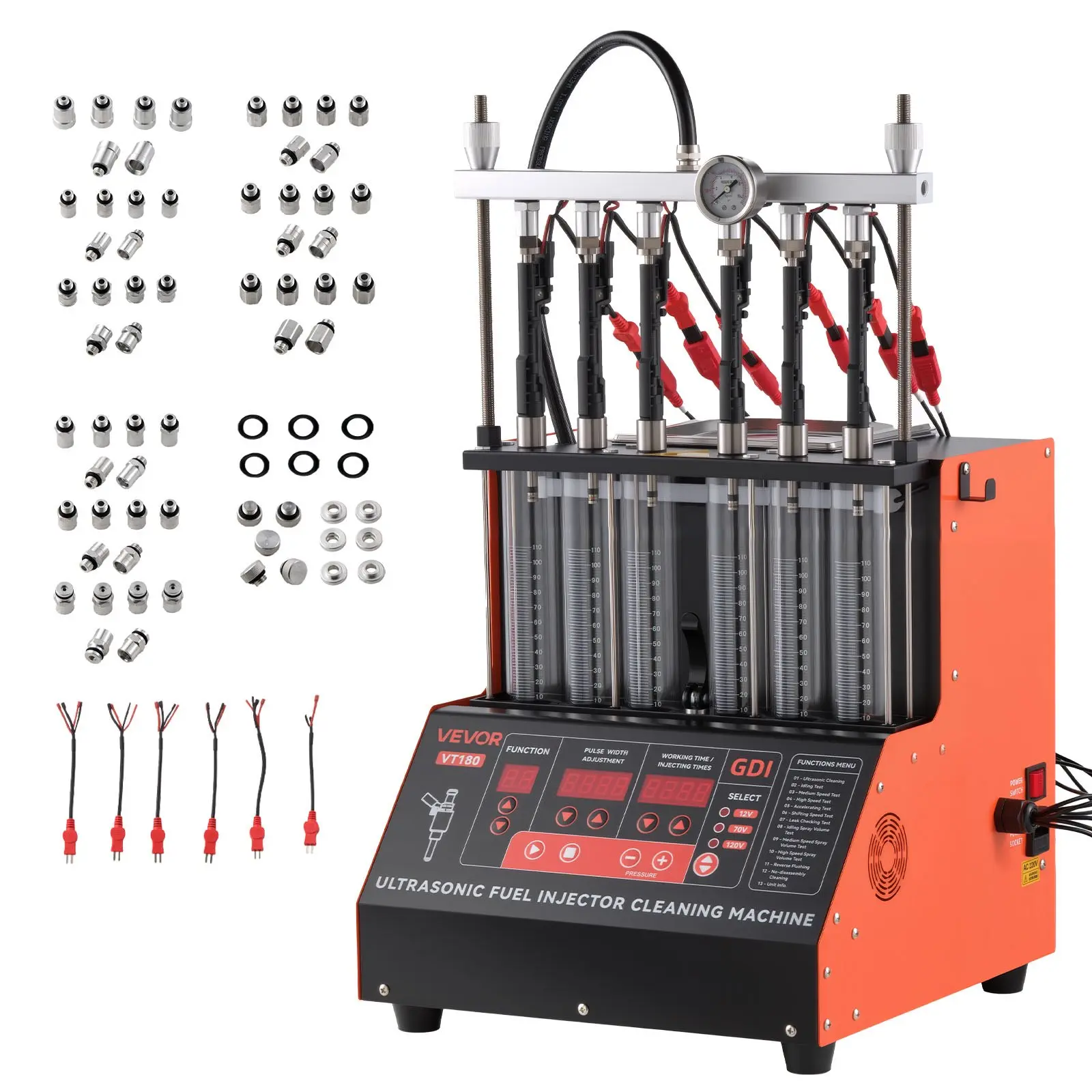 VEVOR Fuel Injector Cleaning & Testing Machine, 9 Test Modes, 6-Cylinder 28kHz Ultrasound Cleaner with Drain Valve, Versatile Connectors, Adjustable 12V/70V/120V, AC 110V 60Hz, 14.57x14.57x15.94 in (370x370x405 mm) for EFI/GDI Cars & Motorcycles