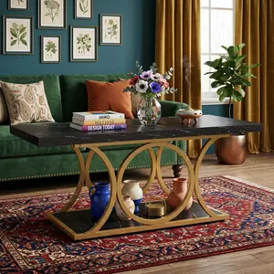 47.24 Inch 2-Tier Faux Marble Coffee Table, Irregular MDF Center Table with Gold Geometric Metal Legs, Waterproof Scratch Resistant Coffee Table with Open Storage Shelf, Easy Assembly Modern Home Furniture for Living Room Apartment