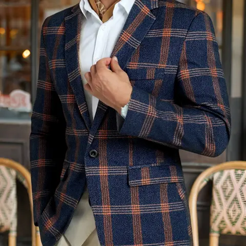 Men's Casual Plaid Suit Blazer Jacket, Formal Elegant Simple Design, Perfect for Business & Daily Wear, Fitted Woven Fabric, Moderate Thickness