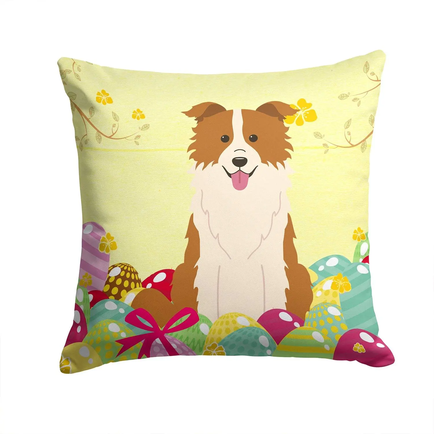 Decorative Easter Eggs & Border Collie Red-White Fabric Cushion, Animals-Themed Durable Textile Pillow BB6119PW1414