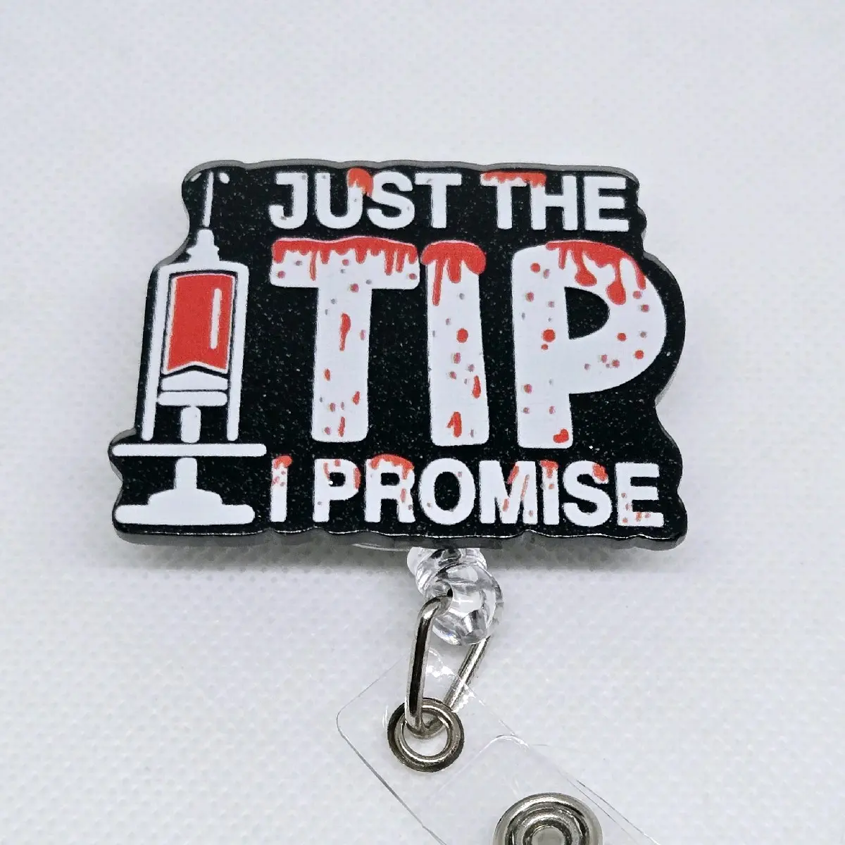 Just the Tip Acrylic Retractable Badge ID Reel Belt for Phlebotomists - Funny Design, Ideal for ID Verification, Flexible and Versatile identification supply card retractable clip