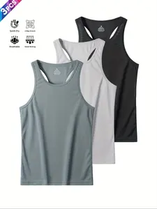 3pcs Men's Quick-Dry Sports Vest, 3-Pack Breathable Moisture-Wicking Gym Running Shirt, Fitted Thin Fabric Summer Activewear, Fitness Workout Vest