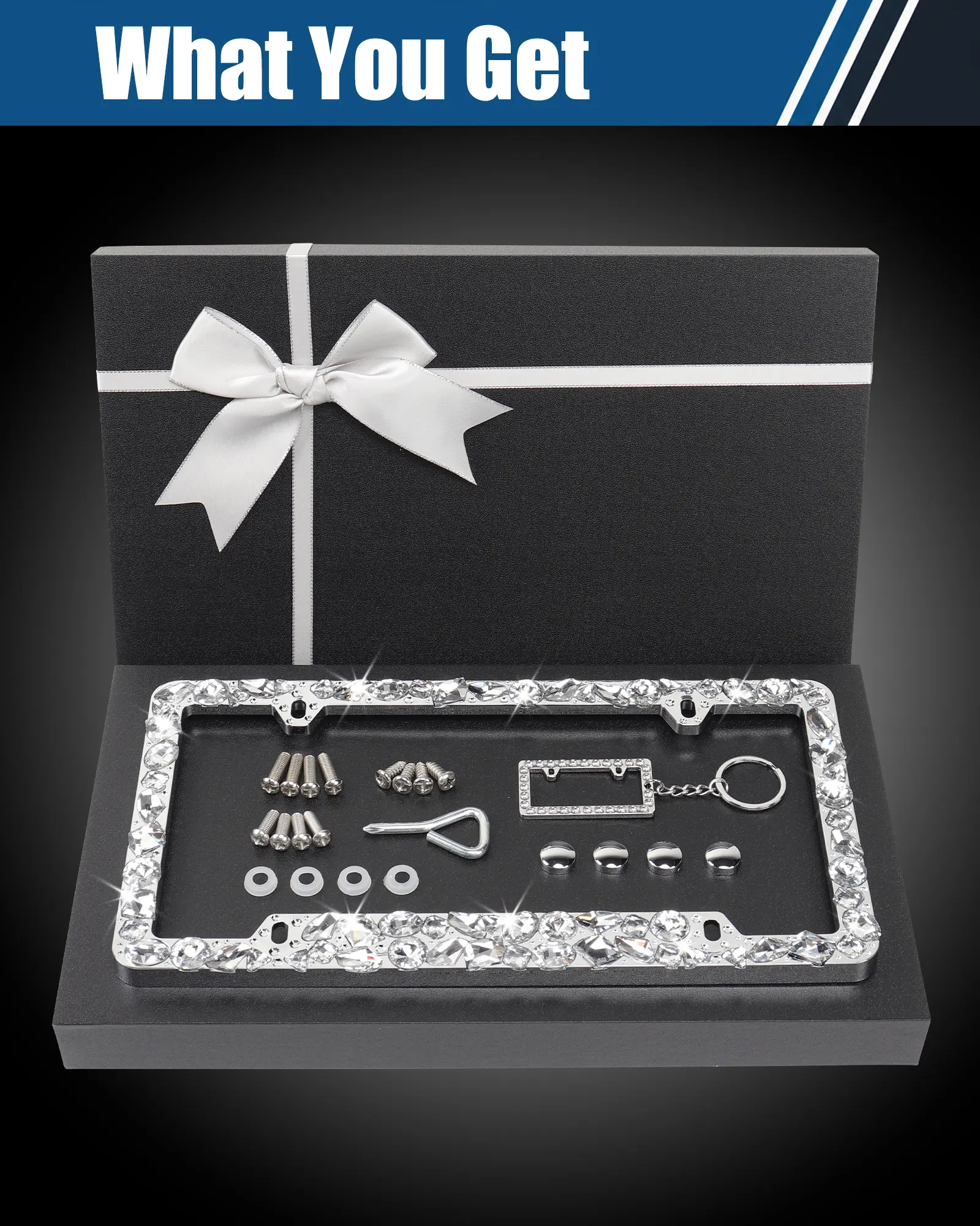 White Bling License Plate Frames for Women Suitable for Standard US Plates Sparkly Rhinestone Diamond Bedazzled Car 4 holes License Plate Holder Glitter Crystals Frame with High-end Gift Box Packaging
