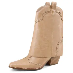 RONILURN Shark Boots Fold Over Cowboy Boots Cowgirl Ankle Chunky Heel Snip Toe Pull On Studded Boots for Women Versatile Design Comfortable Cowboyboot Beige