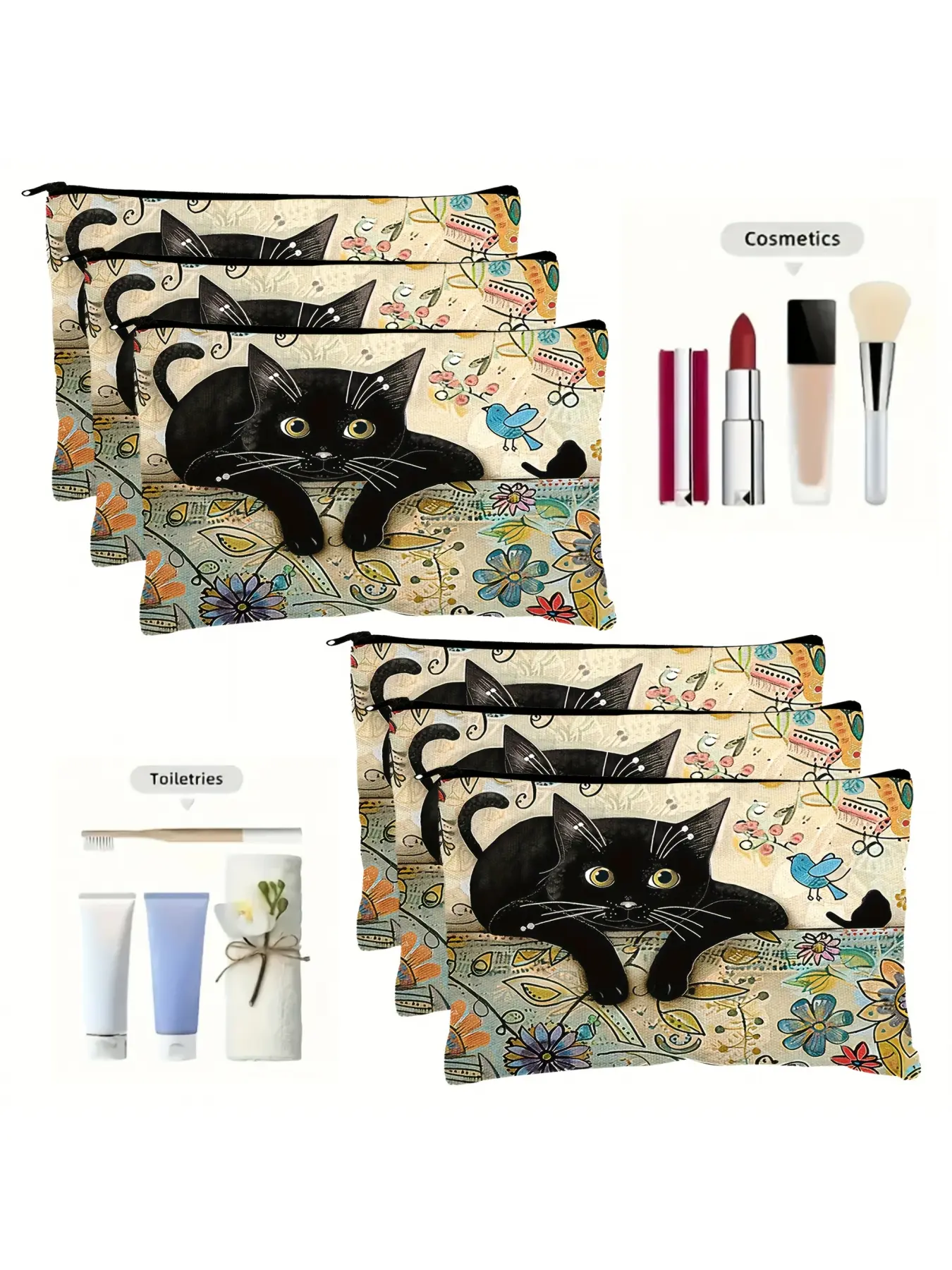 6PCS canvas durable kitten print cosmetic bag storage bag, cosmetic storage bag, toiletries storage bag, student stationery pen bag, travel essential convenient zipper storage bag, beach storage bag, Travel Cosmetic Bags
