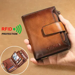 Men's Genuine Leather Wallet Vintage Short Multi Function Card Slots RFID Blocking Protection Zipper Coin Pocket Money Bags