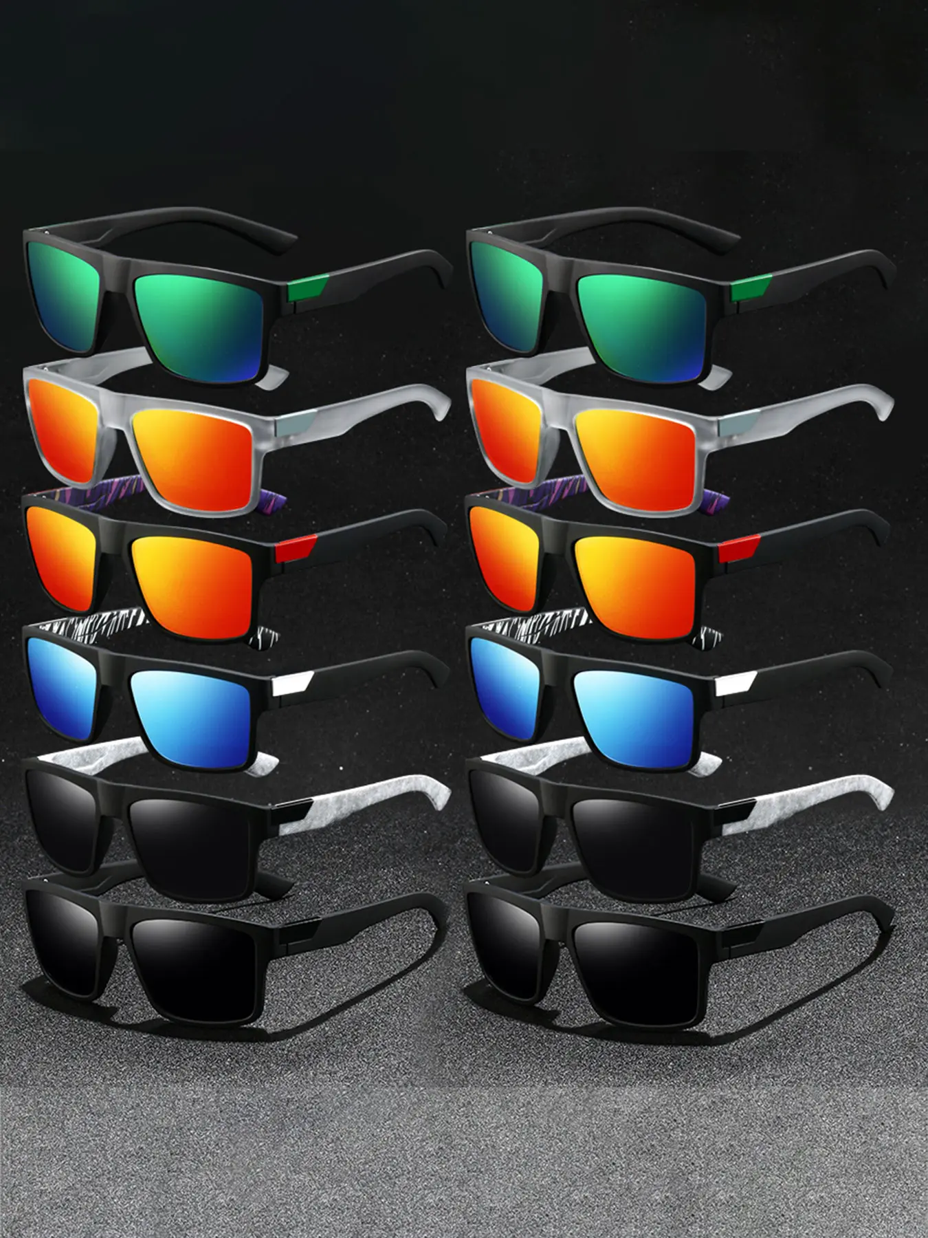 12pcs pieced sports sunglasses,Sports cycling sunglasses,unisex,offering various colors,feature UV400 protection,suitable for outdoor activities,classic splice frame with rubber nose pads provides comfort and non-slip fit