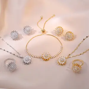 Zircon 5PCS Rotating Sunflower Jewelry Set - Fashion Style SUNFLOWER Ins Ring, Rotatable Clavicle Chain, Bracelet, Earrings & Ring