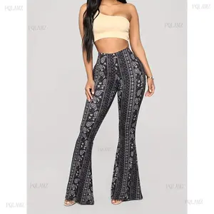 2025Polyester Women's High Waist Sexy Flare Pants - Paisley Print, All Season, Casual Bell Bottoms with Knitted Fabric Bohemian Womenswear