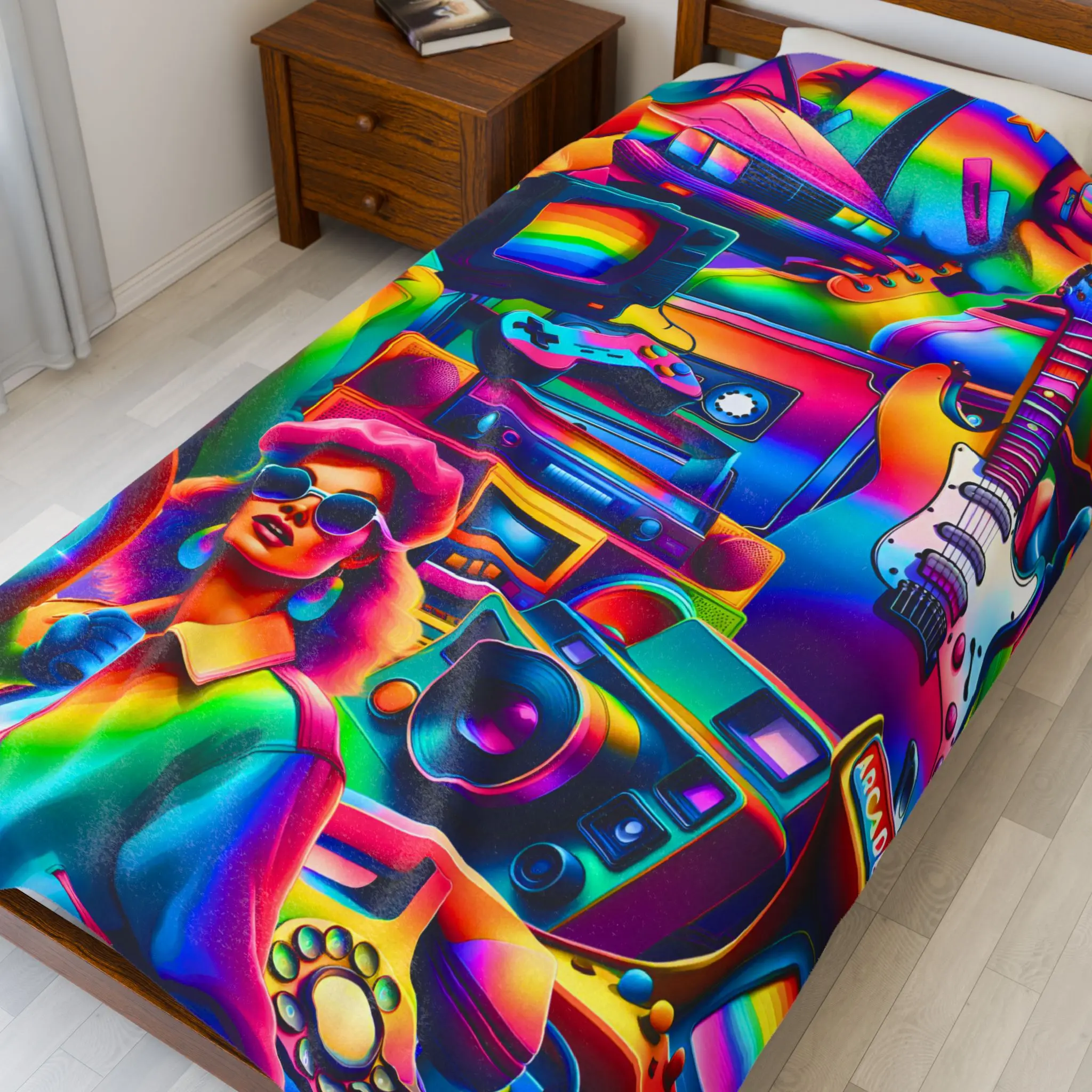 Rainbow 80s Throwback Plush Blanket – Colorful Retro Blanket with Cassette Tapes, Boomboxes, Cameras, Guitars & More | Cozy Pride Vibes for Nostalgia Lovers