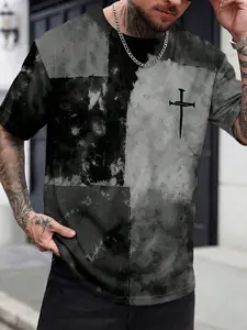 Men's Colorblock Cross Patchwork Short Sleeve T-Shirt, Streetwear, Casual, Relaxed Fit, Trendy Drop Shoulder Design, Sweat-Wicking Comfort, Ideal for Daily Commute and Travel, Menswear