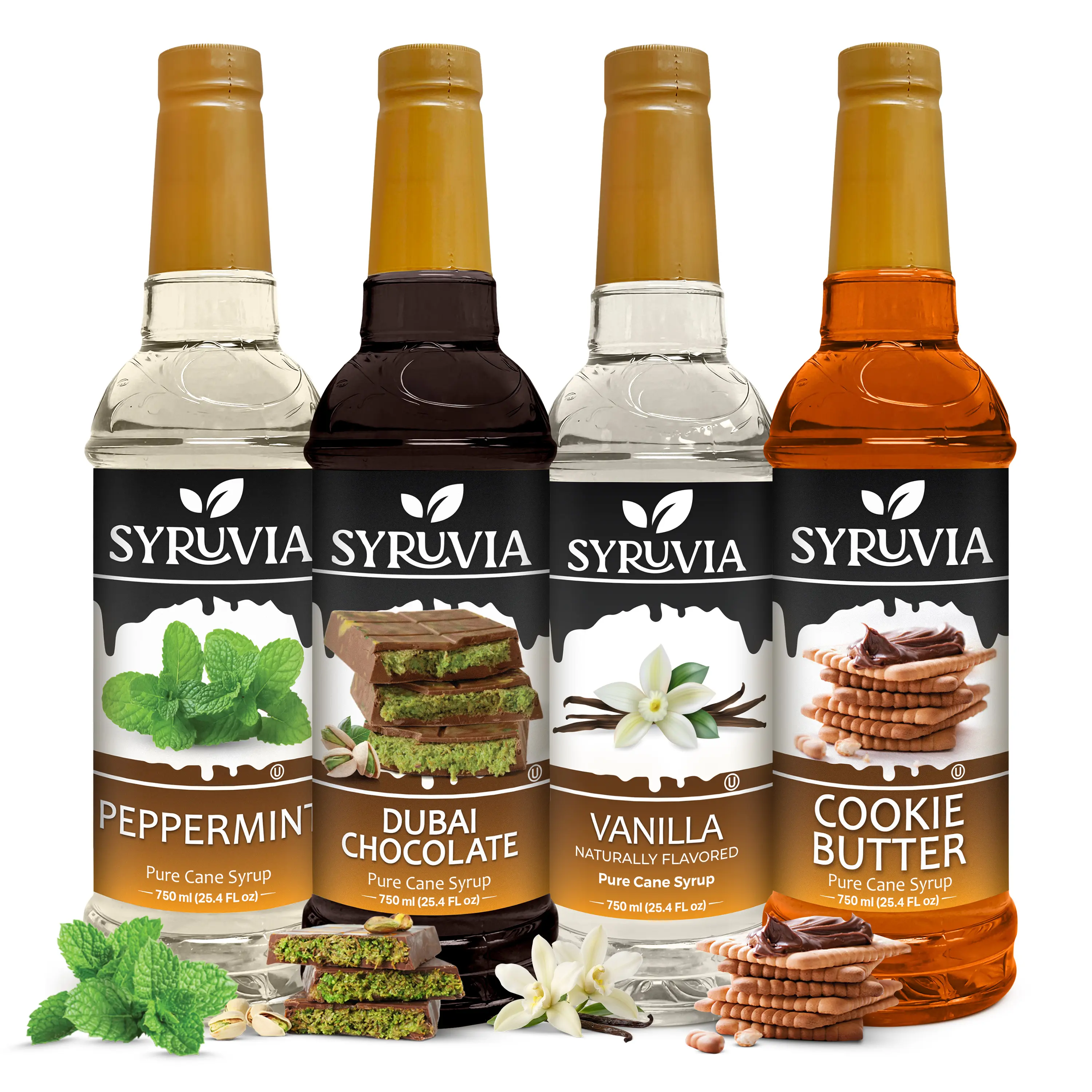 Syruvia Coffee Syrup Variety Pack – Peppermint, Dubai Chocolate, Vanilla & Cookie Butter Flavored Syrup – Perfect for Coffee, Lattes, Iced Coffee & Desserts – 25.4 Fl oz Bottles (4 Pack)