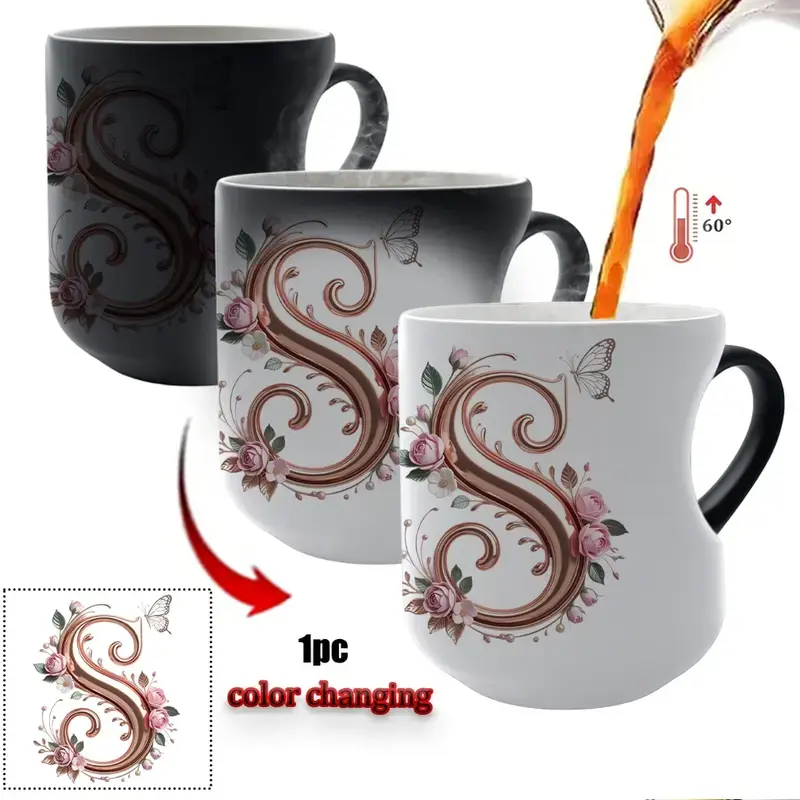 11oz Reusable Magical Color-Changing Ceramic Coffee Mug, 26 Alphabet Floral Letter Options, Unique Aesthetic Heart Design, Perfect for Birthday & Mother's Day Gifts (Home & Festive Supplies)