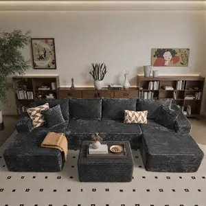 【3 Packages Shipping】 U-Shaped Cloud Sectional Couch Plush Corduroy Modular Sofa with Double Chaise No Assembly Deep Seat Boneless Sofa Set for Living Room Fast Shipping Black Couch Living Room Boneless Furniture summergarden