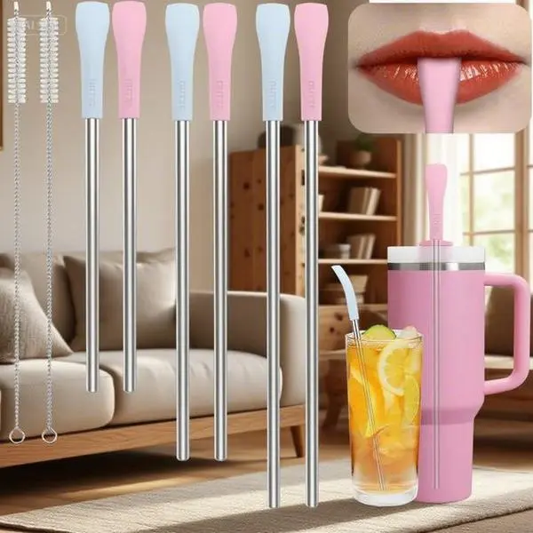 Stainless Steel Drinking Straws 6-Pack, Reusable Wrinkle-Free Metal Straws with Cleaning Brush, Flat Wide Design for Tumblers, Eco-Friendly Long Straws for Smoothies and Iced Beverages, Portable Carry Bag Included