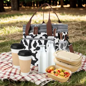 Quilted Lunch Tote bag with adjustable shoulder strap Large Adult Camping Cooler bag for Work, Beach, Picnic, Travel