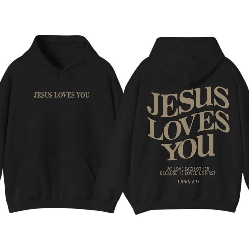 ✝️ 💖 Men's Jesus Loves You Hoodie Sweatshirt, Casual Pullover with 2-Sided Graphic, Aesthetic Christian Gift Tops, Sweatshirts, Menswear,  Long Sleeve