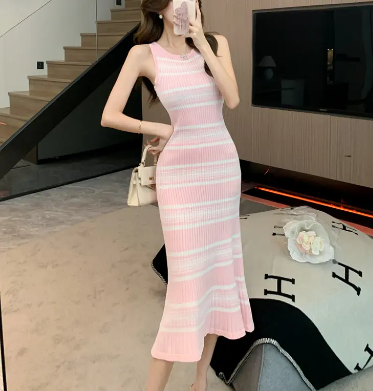 Women's Polyester Bodycon Pencil Dress - Minimalist Striped Sleeveless Knitted Midi, Blazer-Style, Breathable, Elegant for Office & Parties, Office Wear, Lady, Elegance Casual Fit, Sexy, Skirt, Round Neck, Pencil Skirt