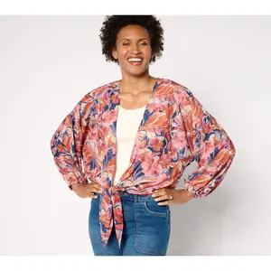 Susan Graver Printed Woven Tie Front Cardigan with Lurex