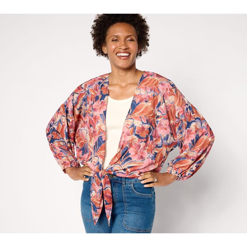 Susan Graver Printed Woven Tie Front Cardigan with Lurex