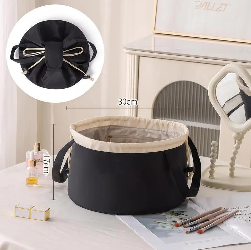 Lay Flat Open Drawstring Makeup Bag, Large Quilted Cosmetic Bag for Women Girls, Cute Make up Bags with Handle, Portable Travel Toiletry Bag for Skincare, Brushes & Travel Essentials (Black)