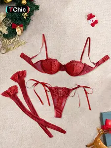 Christmas 12-Piece Women's Lingerie Set, Sexy Embroidered Bra, Thong & Socks, Sheer Bow Design, Comfortable All-Season Wear Underwear Sets