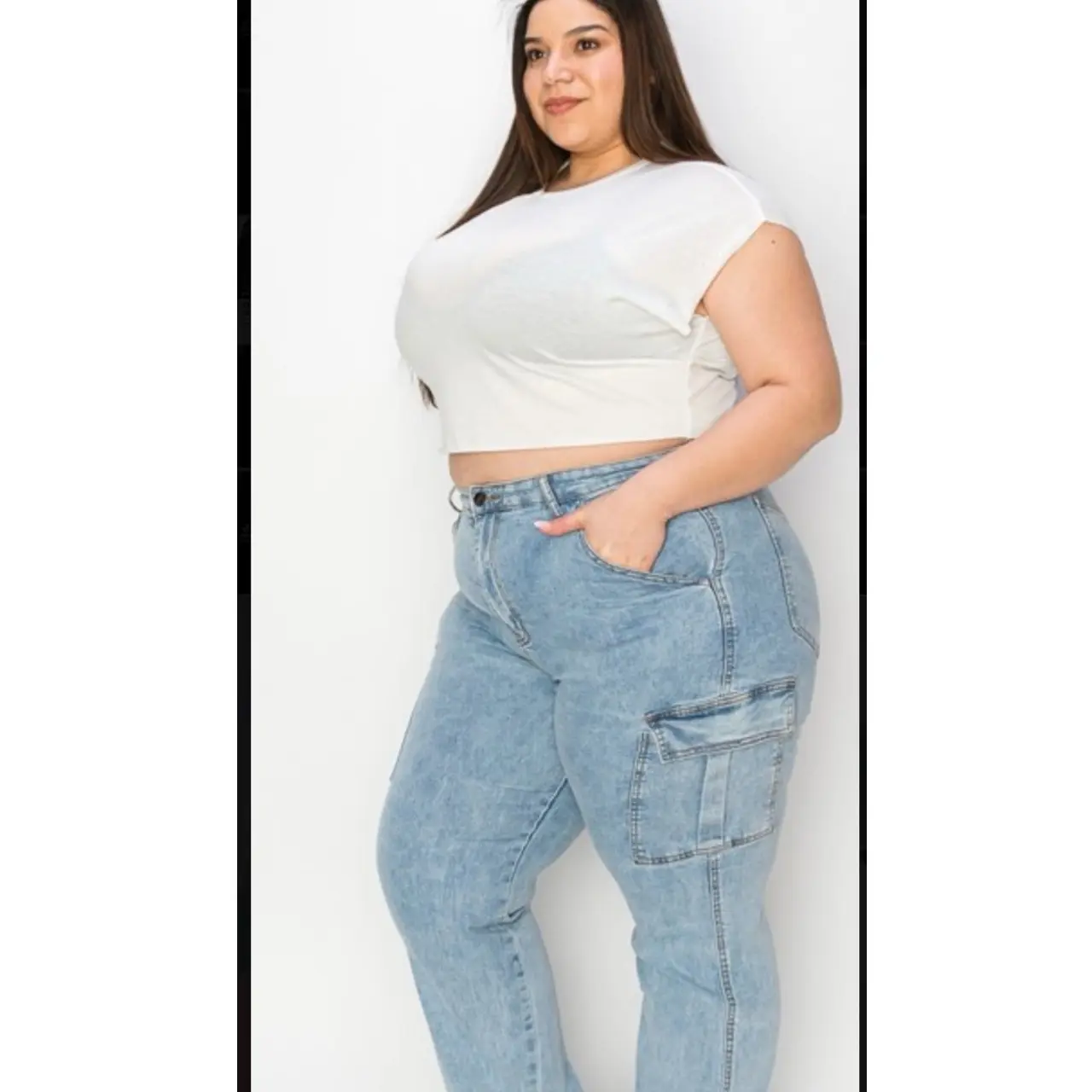 Effortless Girl High Waisted Plus Size Cargo Jean for Women - Bottom Style - Womenswear Halloween