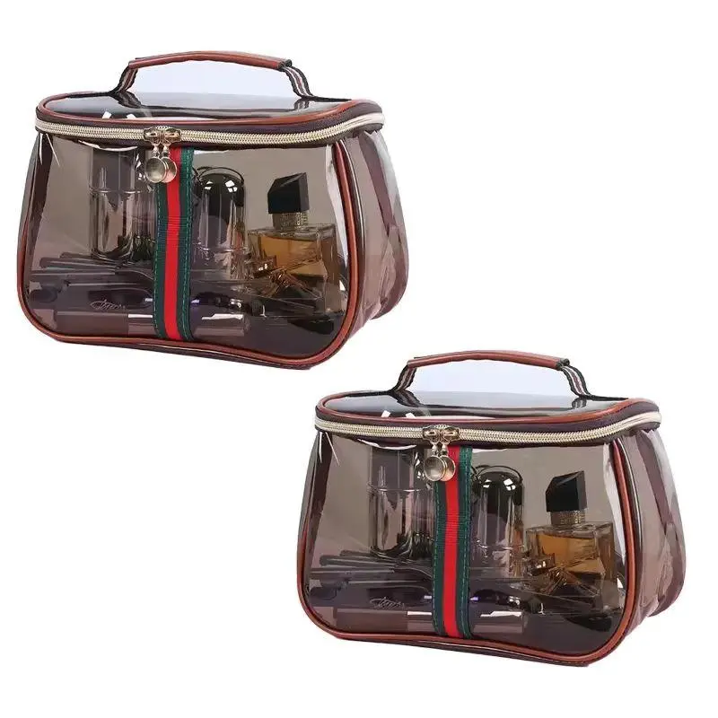 Retro Travel Makeup Bag, High-Capacity Organizer with a Transparent Top and Multiple Compartments, Portable Carry Case for Women, Brown, 1Pcs, Makeup Organization, Organized Storage, Travel Use