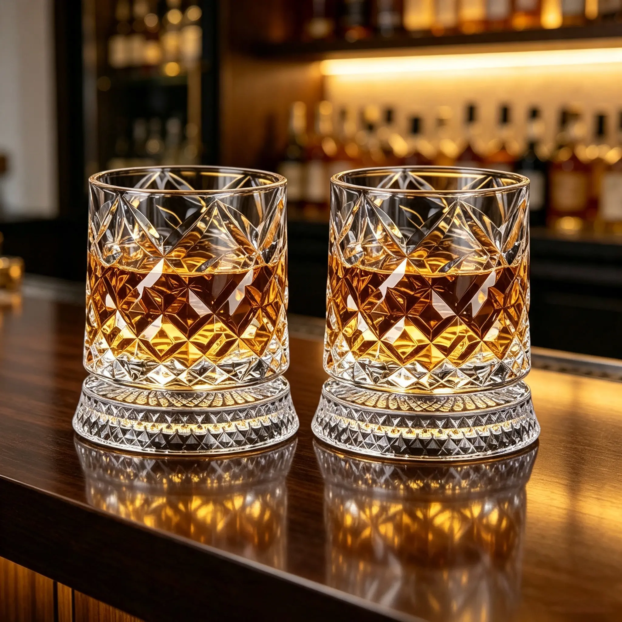 Classic 2-Piece 360° Spinning Diamond Cut Crystal Glass Cup Set , Exquisite Patterned Whisky/Cocktails Drinkware, Ideal Father's Day Gift & Bar Giveaway for Daily Use