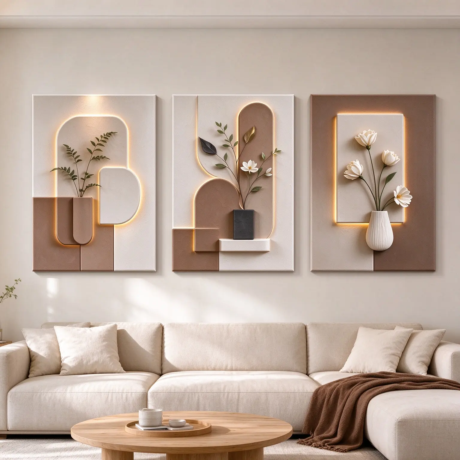3Pcs Framed Wooden Canvas Wall Art, Modern Simple Potted Floral Vase Landscape Print Posters, Neutral Brown Beige Geometric Botanical Art, Simulated Glowing Light Textured Effect, Ready To Hang Wall Decor for Living Room, Bedroom, Dining Room, Office