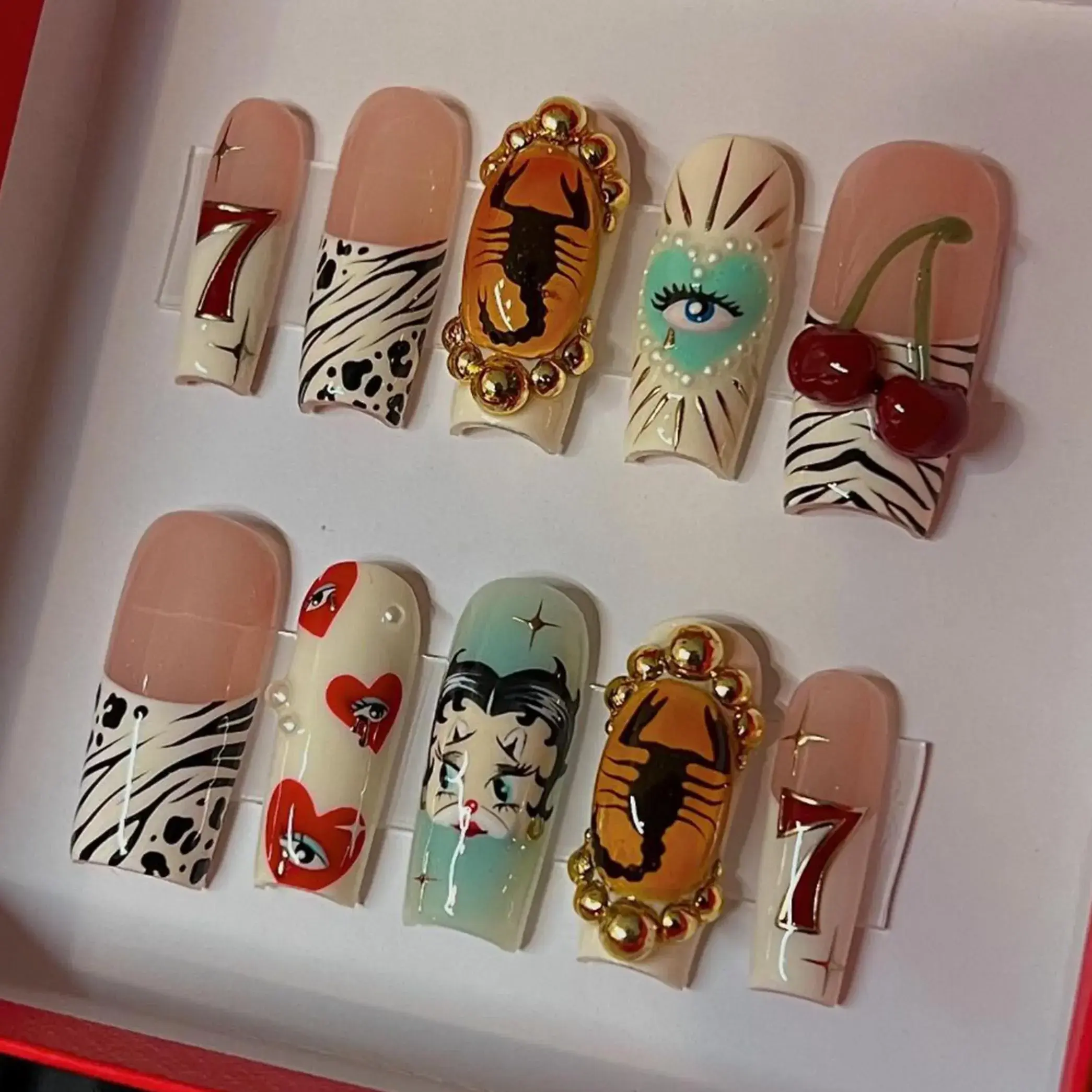 Retro Cartoon Press On Nails | Y2K Western Nail Art | 3D Scorpion Nails | Cherry Zebra Long Square Nails | Handmade Custom Set