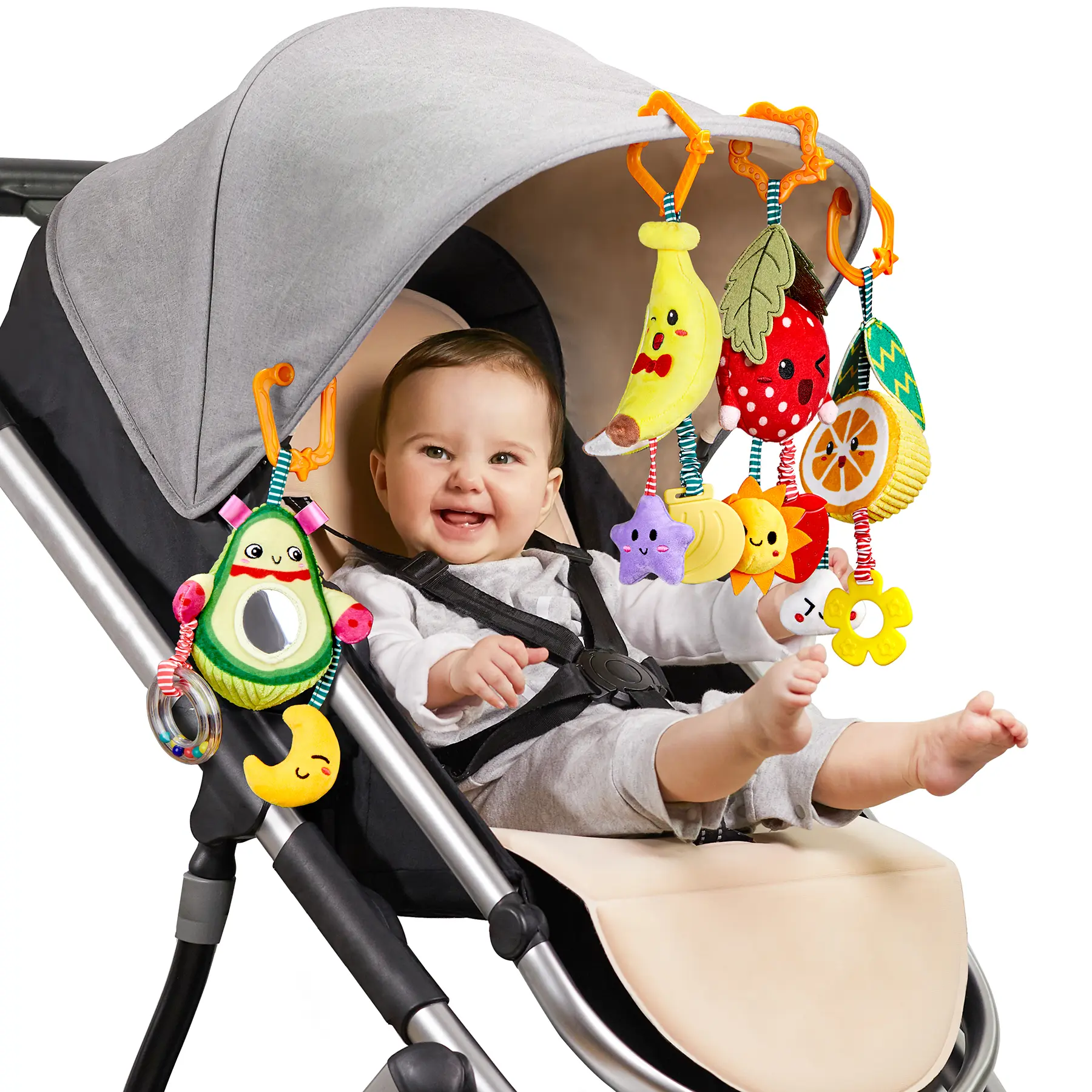 Baby Stroller Crib Toy with Teether, Car Seat Hanging Sensory Toy Set for Newborns Infant 0-12 Months Nursery Play Baby Shower Gift