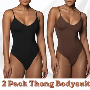 RIOJOY 2 Pack Women's Cami Thong Bodysuit U Neck Backless Body Suit Adjustable Spaghetti Strap Tank Tops Slim Fit Bodycon