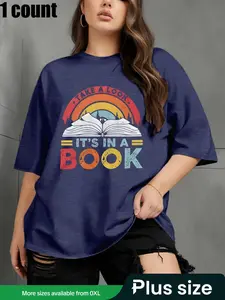 【Plus Size】 Book & Letter Print Round Neck Tee, Fashion Casual Crew Neck Short Sleeve T-Shirt for Daily Outdoor Wear, Women Tops for All Seasons