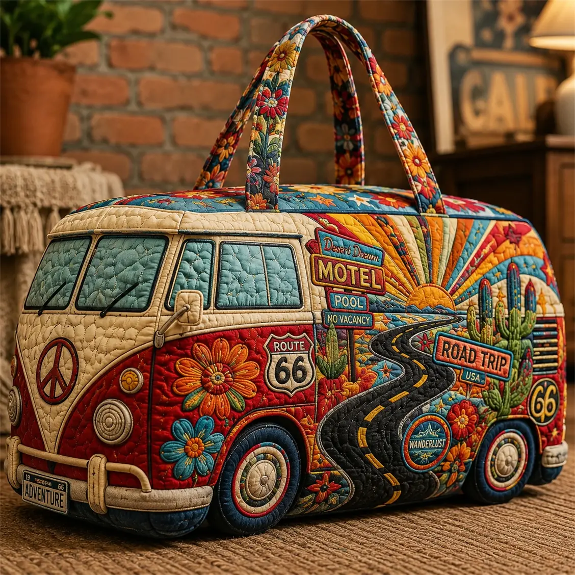Retro Road Trip Van Quilted Weekender Bag, Boho Floral Route 66 Travel Duffle Bag, Large Capacity Overnight Bag for Women, Vintage Camper Style Carry On Tote for Vacation, Weekend Getaway, Gym, Beach, Road Trip
