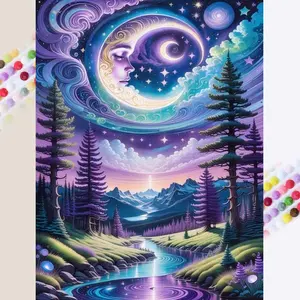1pcs 5D DIY diamond painting kit, 5D diamond art set, DIY decoration, Forest Stream Moon diamond painting kit full round drill DIY, mosaic, diamond art, DIY art home decoration, suitable for Halloween and Christmas, Wall Art Painting
