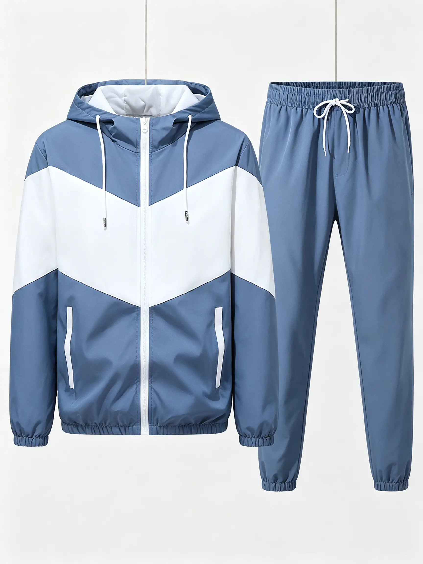 Male 2-Piece Windbreaker Tracksuit Set - Full-Zip Windproof Hooded Drawstring Jacket, Elastic-Waist Loose-Cut Tapered Jogging Sweatpants, Regular Length, Machine Washable for Outdoor & Daily Casual Use