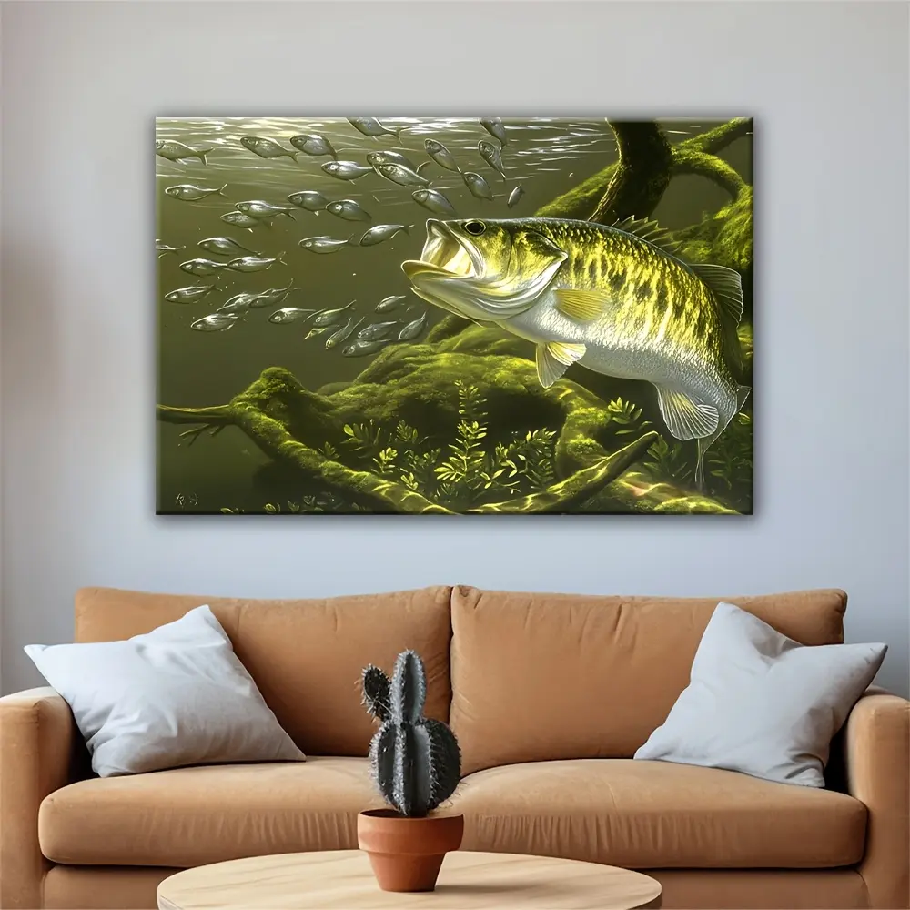 1pc   Canvas Art - Largemouth Bass Fishing Poster, Vibrant Underwater Scene with Multiple Fish, Angler's Paradise Wall Decor for Bedroom, Living Room, or Office, Perfect Father's Day Gift,